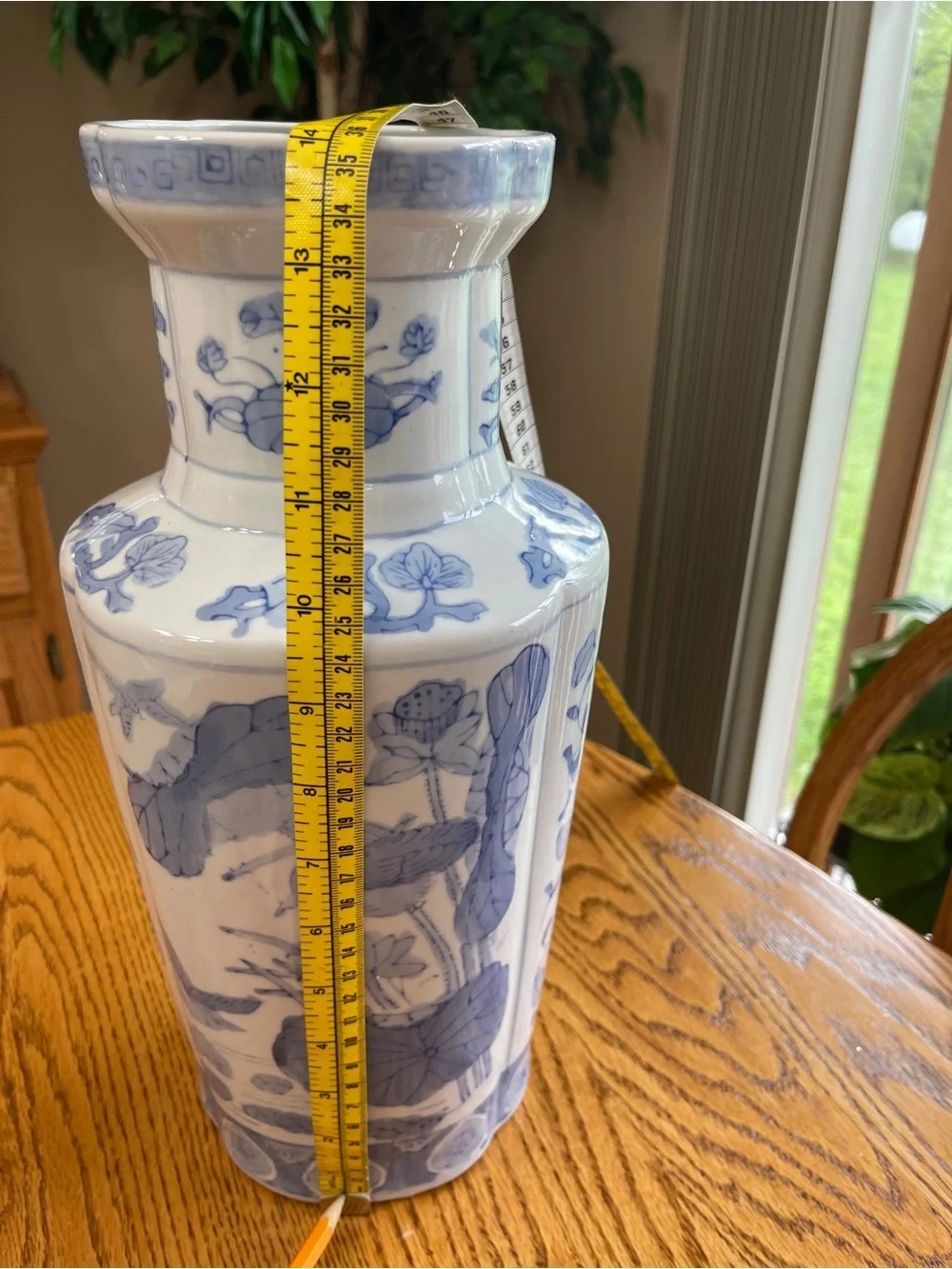 Vintage Mid-Century Asian Inspired 14” Vase 4 Lobed Sides Birds Lotus Floral